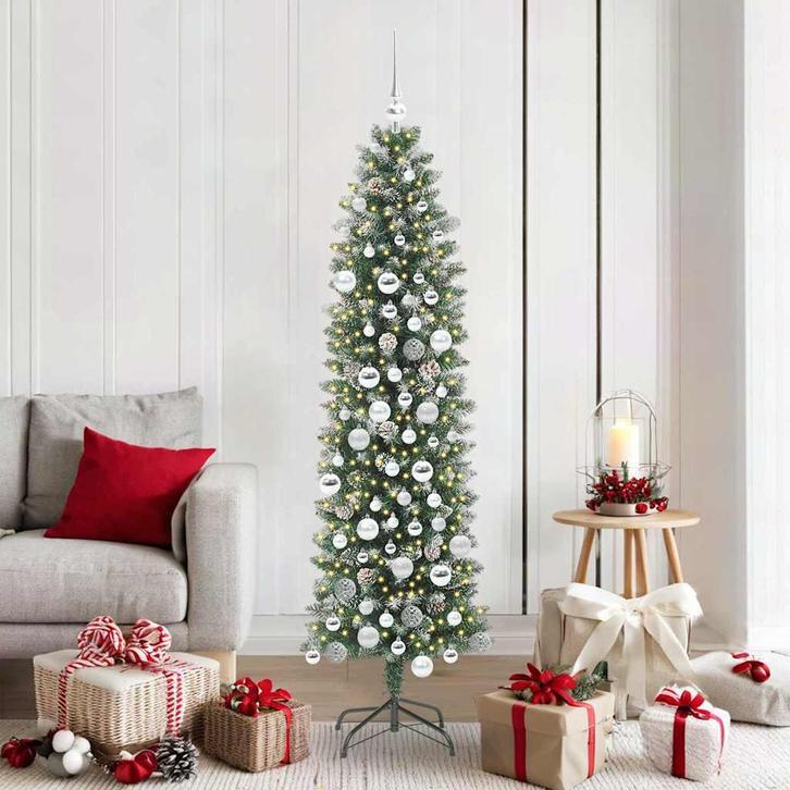 vidaXL Kunstmatige slanke kerstboom met 300 LED Groen en wit, Diversen, Kerst, Nieuw, Verzenden