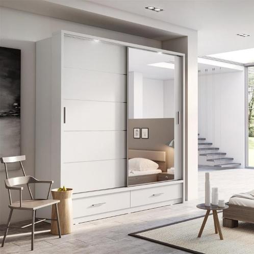 Arti Schuifdeurkast met Spiegel en Lades B200 x H215 - Wit, Huis en Inrichting, Kasten | Kledingkasten, 50 tot 75 cm, Met hangruimte