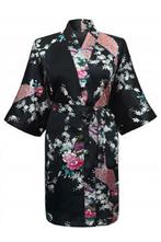 KIMU® Kimono Zwart Kort XS-S Yukata Satijn Boven de Knie Kor, Ophalen of Verzenden, Nieuw, Maat 34 (XS) of kleiner, Carnaval