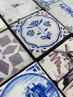 Tegel - Antieke Delfts blauwe tegels met tulpen, molen,, Antiek en Kunst
