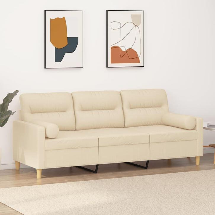 vidaXL Driezitsbank met sierkussens 180 cm stof crèmekleurig, Huis en Inrichting, Banken | Bankstellen, Nieuw, 150 tot 200 cm