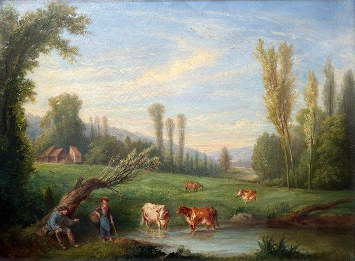 J. C. Courbe (XIX) - Scène Champêtre avec Vaches et une, Antiek en Kunst, Kunst | Schilderijen | Klassiek