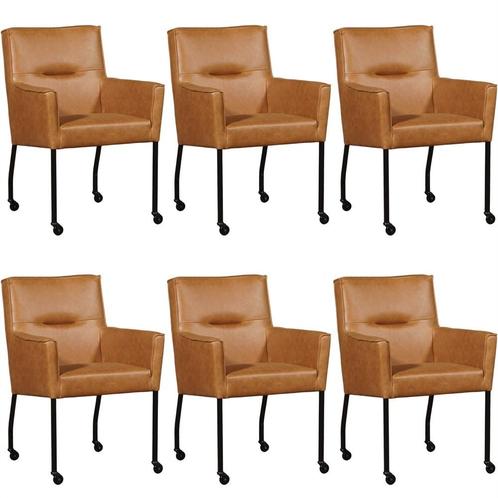 Set van 6 Cognac leren moderne eetkamerstoelen - Vintage Lee, Huis en Inrichting, Stoelen, Vijf, Zes of meer stoelen, Overige kleuren