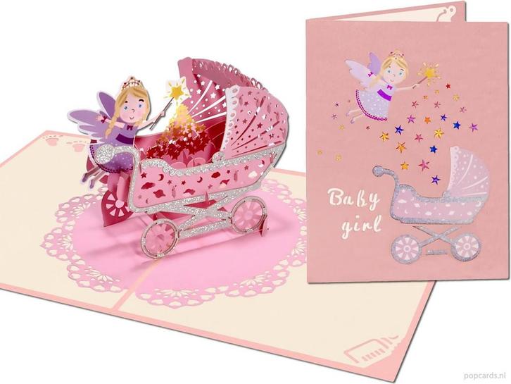 Geboortekaart | Roze wiegje met lieve fee voor goede wens..., Diversen, Wenskaarten, Verzenden