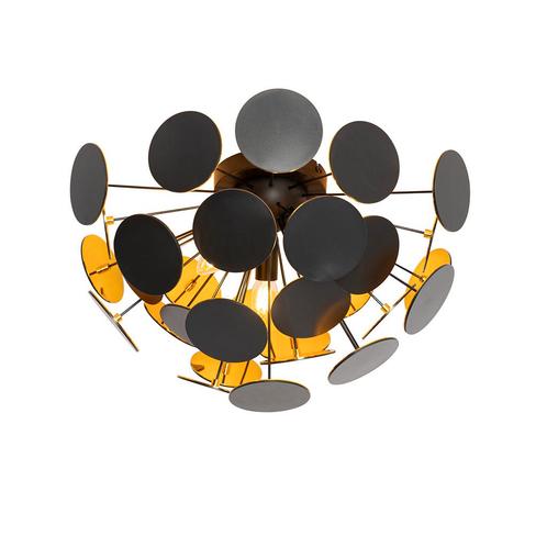 Design plafondlamp zwart met goud 54cm 3-lichts - Cerchio, Huis en Inrichting, Lampen | Plafondlampen, Nieuw, Overige materialen
