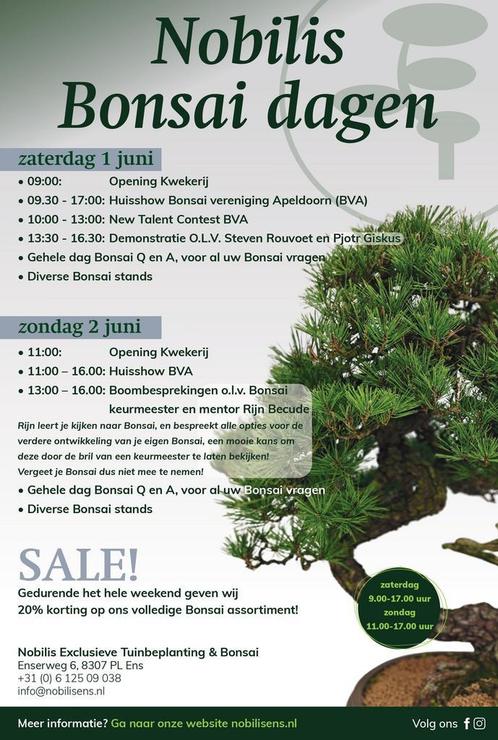Nobilis Bonsaidagen: zaterdag 1 en zondag 2 juni!, Tuin en Terras, Planten | Bomen, Overige soorten, In pot, Minder dan 100 cm
