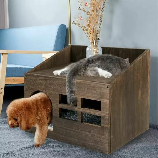 Massief Houten Kattenhuis met Kussen – Kattenbed en Grot, Dieren en Toebehoren, Kattenmanden, Nieuw, Verzenden
