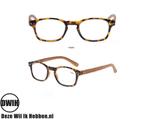 Leesbril op sterkte, houtlook pootjes, panter frame, Nieuw