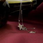 Platina ankerschakel ketting met diamant sterhanger; 0,16..., Sieraden, Tassen en Uiterlijk, Kettingen, Gebruikt, Overige kleuren