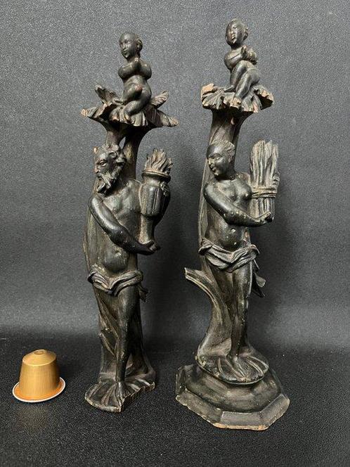 Beeldje, Allégories de l’Été et de l’Hiver - 27 cm - Hout, Antiek en Kunst, Antiek | Keramiek en Aardewerk