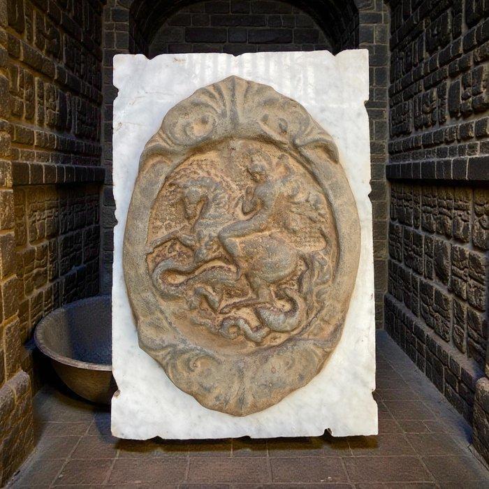 sculptuur, San Giorgio uccide il drago - 40 cm - Marmer,, Antiek en Kunst, Antiek | Boeken en Bijbels