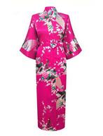 KIMU® Kimono Donkerroze 3/4 L-XL Yukata Satijn Onder de Knie, Nieuw, Carnaval, Maat 42/44 (L), Ophalen of Verzenden