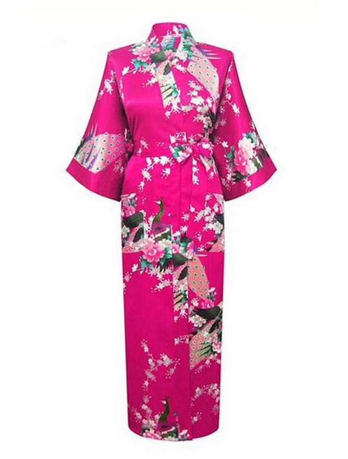 KIMU® Kimono Donkerroze 3/4 L-XL Yukata Satijn Onder de Knie, Kleding | Dames, Carnavalskleding en Feestkleding, Nieuw, Maat 42/44 (L)