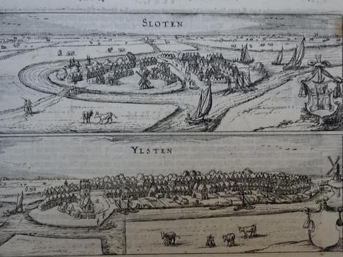 gravure, vogelvlucht zicht op Sloten IJlst Guicciardini 1619, Antiek en Kunst, Kunst | Etsen en Gravures, Verzenden