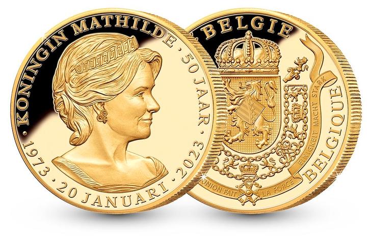 Herdenkingsuitgifte Koningin Mathilde 50 jaar - verguld, Postzegels en Munten, Penningen en Medailles, Verzenden