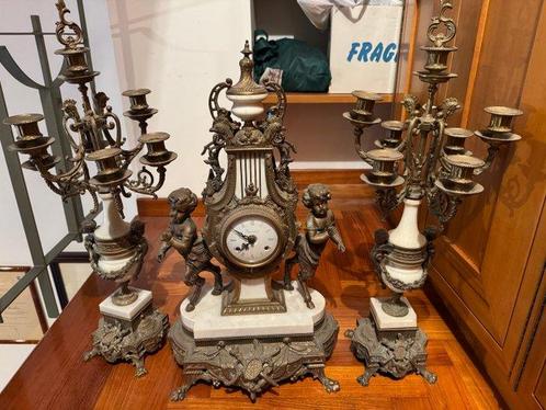 Klok en garnituur set (3) - Brons, Glas, Marmer, Messing -, Antiek en Kunst, Antiek | Klokken