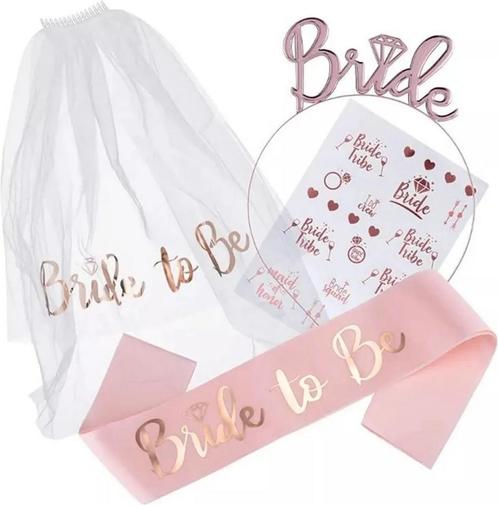 Bride to Be set rosé goud met sjerp, diadeem en tatoeages, Hobby en Vrije tijd, Feestartikelen, Geboorte of Huwelijk, Nieuw, Versiering