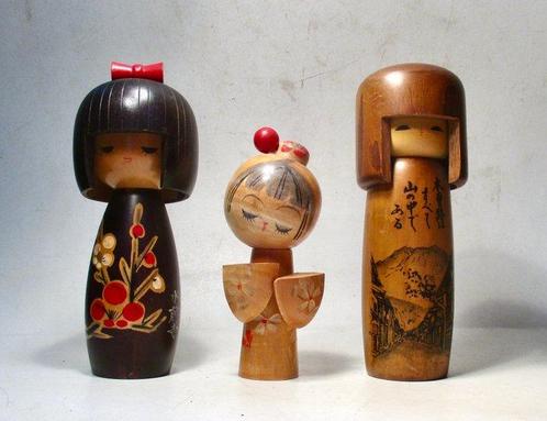 3 vintage Sosaku creatieve houten Kokeshi-poppen - Hout -, Antiek en Kunst, Antiek | Overige Antiek