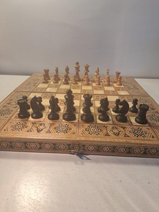 Schaakspel - Parelmoer ingelegd schaakspel - backgammon -, Antiek en Kunst, Curiosa en Brocante