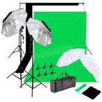 Fotostudio set, 3 kleuren achtergronddoeken & lichtparaplu's