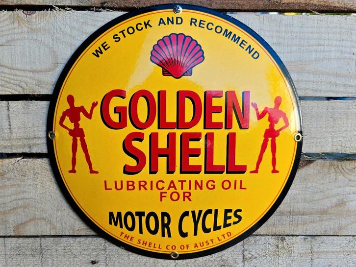 Golden Shell lubrication oil - emaille bord, Verzamelen, Merken en Reclamevoorwerpen, Verzenden