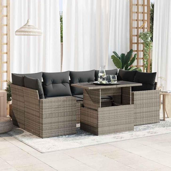 vidaXL 7-delige Loungeset met kussens poly rattan grijs, Tuin en Terras, Tuinsets en Loungesets, Loungeset, Nieuw, Rotan, Verzenden