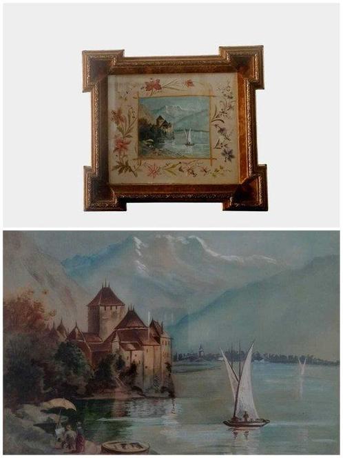 Dipinto con ricamo Chillon castle - Switzerland - Paneel -, Antiek en Kunst, Curiosa en Brocante