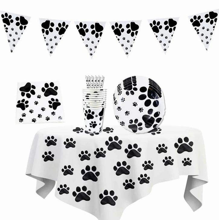 Poezen pootjes party decoratie set XL 62-delig zwart-wit, Dieren en Toebehoren, Katten-accessoires, Nieuw, Verzenden