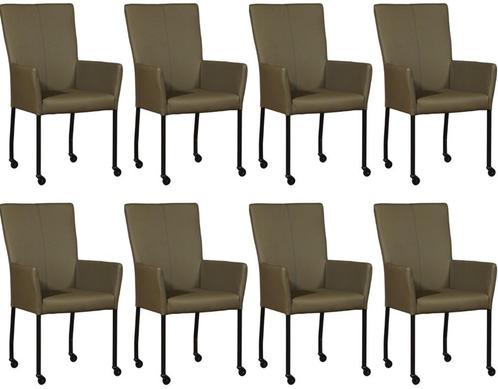 Set van 8 Olijfgroene leren moderne eetkamerstoelen - met ar, Huis en Inrichting, Stoelen, Vijf, Zes of meer stoelen, Overige kleuren