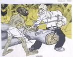 Twee mannen zagen een boom op spotprent (lijst optie), Antiek en Kunst, Kunst | Litho's en Zeefdrukken, Verzenden