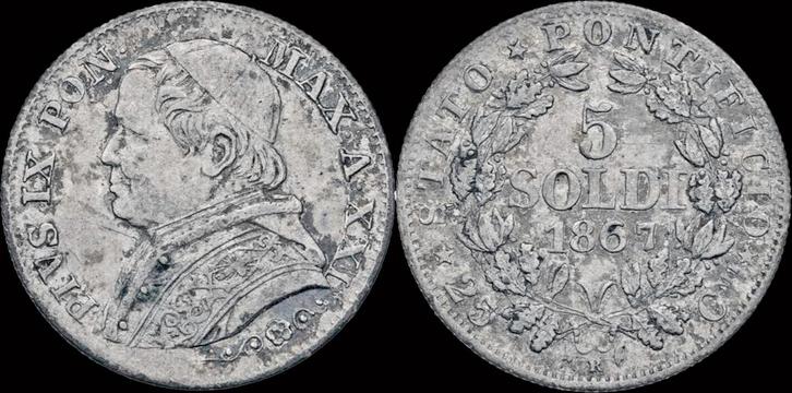 Vatican City Pius Ix 5 soldi 1867r zilver, Postzegels en Munten, Munten | Europa | Niet-Euromunten, Verzenden
