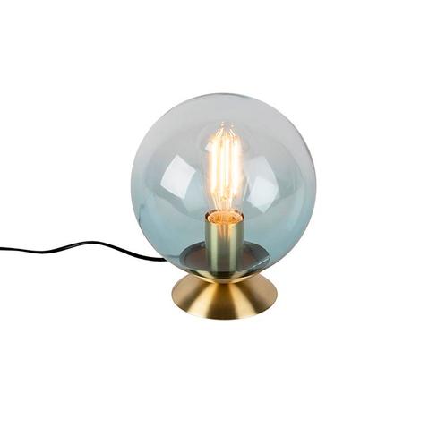Art deco tafellamp messing met blauw glas - Pallon, Huis en Inrichting, Lampen | Tafellampen, Nieuw, Glas, Minder dan 50 cm