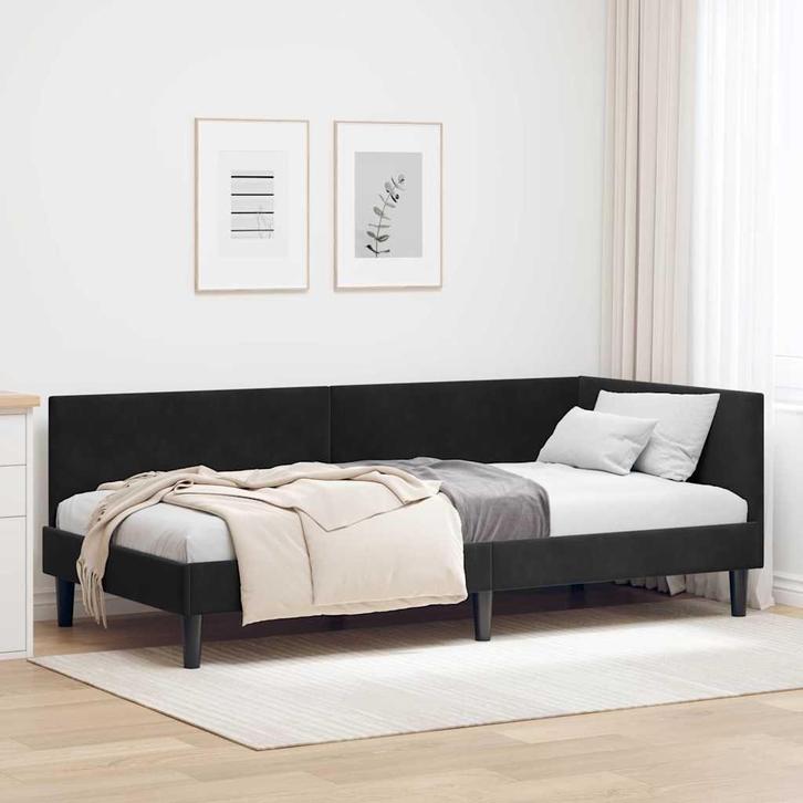 vidaXL Hoekbedframe met hoofdeinde Zwart 90 cm x 190 cm, Huis en Inrichting, Slaapkamer | Bedden, Zwart, Nieuw, Stof, Verzenden
