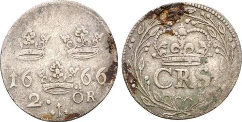 2 Öre Stockholm 1666 Schweden: Karl Xi, 1660-1697:, Postzegels en Munten, Munten | Europa | Niet-Euromunten, Verzenden
