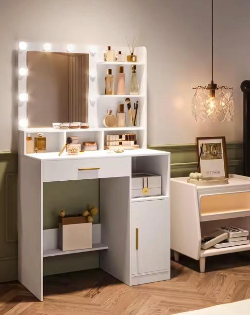 Kaptafel met LED-Spiegel – 10 Lampen, Planken en Lade, Huis en Inrichting, Tafels | Kaptafels, Nieuw, Verzenden