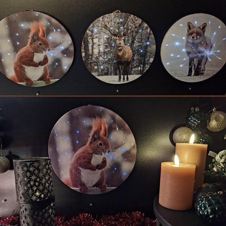 Kerst Canvas Schilderij Rond -Led licht Vos-Eekhoorn-Rendier, Huis en Inrichting, Woonaccessoires | Schilderijen, Tekeningen en Foto's