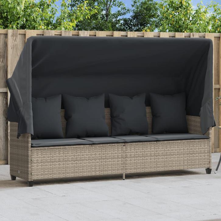 vidaXL Ligbed met luifel en kussens poly rattan lichtgrijs, Tuin en Terras, Ligbedden, Nieuw, Verzenden