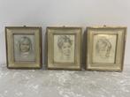 Rene David - Drie Portretten Meisjes op zijde in lijstjes, Antiek en Kunst