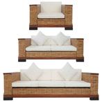vidaXL 3-delig Bankstel met kussens natuurlijk rattan bruin, Huis en Inrichting, Verzenden, 150 tot 200 cm, Nieuw, Riet of Rotan
