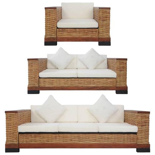 vidaXL 3-delig Bankstel met kussens natuurlijk rattan bruin, Huis en Inrichting, Banken | Bankstellen, Nieuw, 150 tot 200 cm, Riet of Rotan