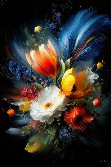 1160 - John Joseb Art schilderij bloemen, tulpen, kleurrijk beschikbaar voor biedingen