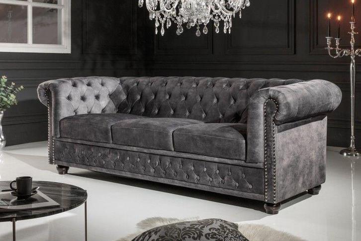 Chesterfield 3-zitsbank 205cm grijs fluweel met knoopstiksel, Huis en Inrichting, Banken | Bankstellen, Ophalen of Verzenden