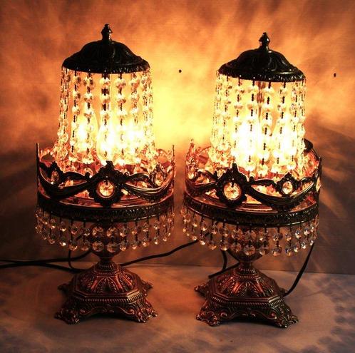 Tafellamp (2) - Set bronzen en glazen tafellampen - Brons,, Antiek en Kunst, Curiosa en Brocante