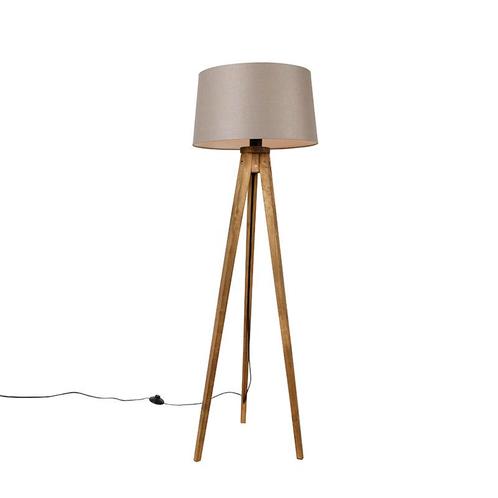 Landelijke tripod vintage hout met linnen kap taupe 45 cm -, Huis en Inrichting, Lampen | Vloerlampen, Nieuw, Overige materialen