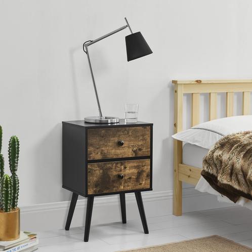 Nachtkastje met 2 lades 60x40x29,5 cm houtkleurig en zwart, Huis en Inrichting, Tafels | Bijzettafels, Nieuw, Verzenden
