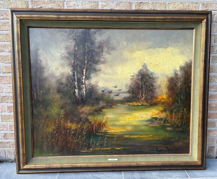 Peter Brouwer (1935-2010) - Landschap met opvliegende eenden, Antiek en Kunst, Kunst | Schilderijen | Klassiek