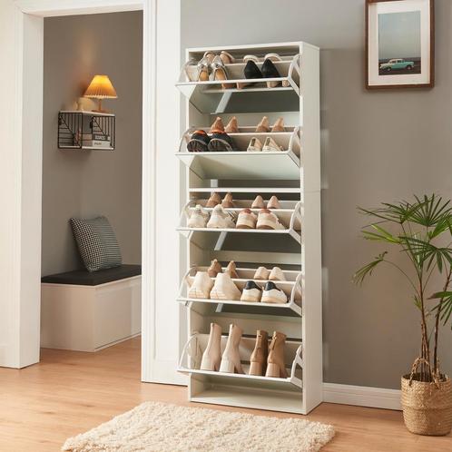 Schoenenkast Lund met 5 kleppen spiegeldeuren wit 169x60x24, Huis en Inrichting, Kasten | Schoenenkasten, Nieuw, Verzenden