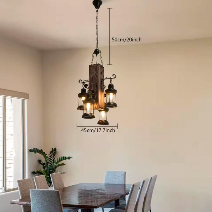 Industriële Retro Hanglamp – 4-Lichts Hout en IJzer Design, Huis en Inrichting, Lampen | Hanglampen, Nieuw, Verzenden