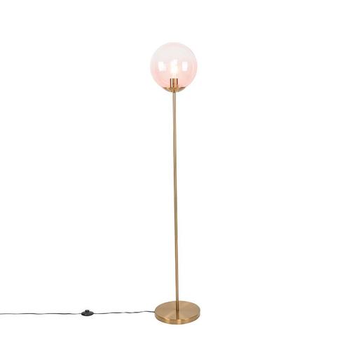 Art deco vloerlamp messing met roze glas - Pallon, Huis en Inrichting, Lampen | Vloerlampen, Nieuw, Glas, 100 tot 150 cm