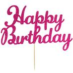 Taarttopper Happy Birthday Roze 15x8cm, Verzenden, Nieuw